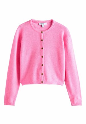 Rosa Strickjacke mit rundem Ausschnitt, langen Ärmeln und einer vorderen Knopfleiste mit braunen Knöpfen sowie einem gerippten Saum.