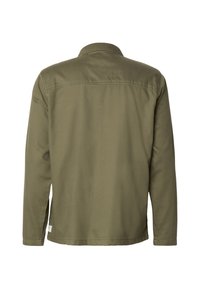 Veste vert olive à manches longues, col plat et coupe droite. Présente une texture lisse et des détails cousus.