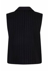 Zwarte mouwloze vest met dunne witte verticale streepjes en een geknipt kraagje op een effen achtergrond.
