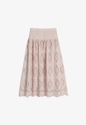 Helle rosa Rock mit elastischem Bund, der detaillierte ausgeschnittene Blumenmuster und ein ausgestelltes Design aufweist. Texturiertem Stoff mit einem gesäumten Rand.