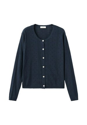 Cardigan tricotat bleumarin cu mâneci lungi, guler rotund, model texturat subtil și șase nasturi albi în față.