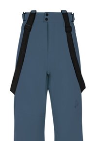 Waterafstotende, blauwe skibroek met afneembare zwarte bretels, twee voorzakken en verstevigde naden. Voorzien van een knoop- en ritsluiting.