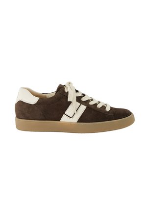 Brown suede sneakers with white accents, round toe, flat rubber sole, and matching laces. Clean design with stitched details.