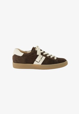 Brown suede sneakers with white accents, round toe, flat rubber sole, and matching laces. Clean design with stitched details.