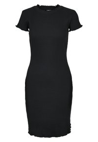 Schwarzes geripptes Kleid mit einer figurschmeichelnden Passform, kurzen Ärmel mit Rüschensaum und einer Länge bis unter das Knie. Glatte Textur über das gesamte Kleid.