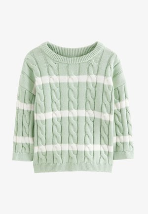 Lekki zielony sweter dzianinowy z białymi paskami; posiada teksturowane wzory warkocza i okrągły dekolt; krótka długość i rękawy 3/4.