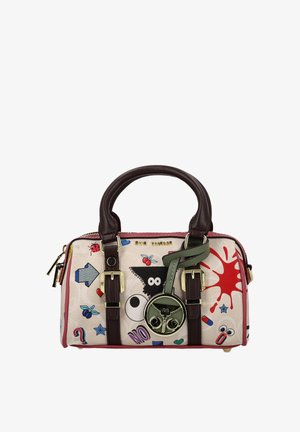 Modieuze handtas met een crèmekleurige stoffen body versierd met kleurrijke patches, bruine leren bandjes, hardware in goudkleur en een ronde logodetail.