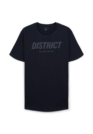 T-shirt in cotone blu navy con colletto rotondo, maniche corte e una grafica frontale che riporta la scritta "DISTRICT" con il sottotitolo "Il Cuore della Città".
