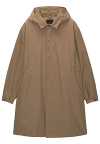 Manteau imperméable marron avec capuche, doté d'une fermeture à boutons sur le devant, de poches latérales et de manches longues avec poignets boutonnés. Texture lisse.