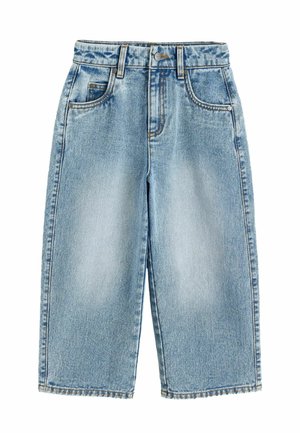 Light blue denim shorts with wide legs, front pockets, belt loops, and a button closure, shown on a white background.