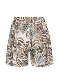 Shorts made of lightweight fabric featuring a multicolored abstract leaf pattern in browns, blues, and creams with an elastic waistband.
