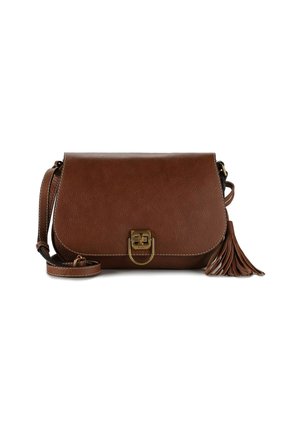 Borsa a tracolla in pelle marrone con patta, nappina decorativa e dettagli in metallo color oro. Presenta cuciture bianche lungo i bordi.