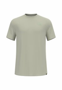 Light green short-sleeve t-shirt made of smooth fabric. Features a small logo on the chest and a round neckline, with subtle stitching details.