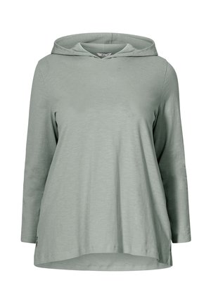 Felpa verde chiaro con vestibilità relax, maniche lunghe e tasca frontale. Presenta un cappuccio con cordino e fessure laterali all'orlo.