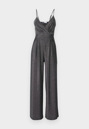 Black sparkly jumpsuit with thin straps and a wrap-style bodice. Features wide legs and soft texture for a flowing silhouette.