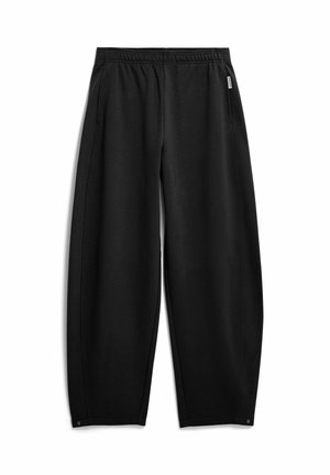 Zwarte sweatpants met wijde pijpen, een elastische tailleband en zijzakken. Zachte stof met een gladde textuur, voorzien van subtiele stiknaaddetails.