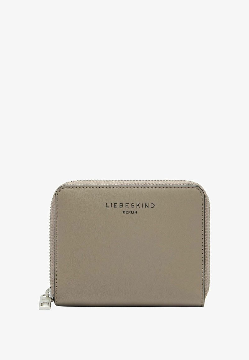 Jasnoszary portfel ze skóry z zamkiem błyskawicznym. Na przedniej stronie wytłoczone logo "LIEBESKIND BERLIN" oraz elegancki, prostokątny kształt.