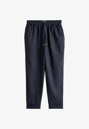 Mørkeblå casual bukser med elastisk taljebånd, snøre, sidelommer og opkantsøm, vist mod en hvid baggrund.