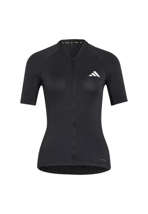 Maglia da ciclismo nera con maniche corte, aderente, con cerniera frontale, logo Adidas sul petto e etichetta della tecnologia tessile ClimaCool.