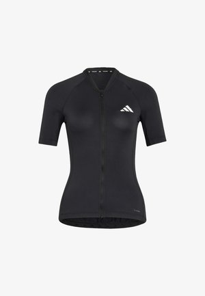 Maglia da ciclismo nera con maniche corte, aderente, con cerniera frontale, logo Adidas sul petto e etichetta della tecnologia tessile ClimaCool.
