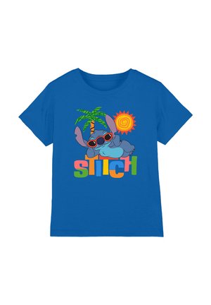 Blue cotton t-shirt featuring a cartoon character with sunglasses, a palm tree, and a sun, with colorful text spelling "Stitch."