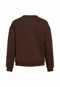 Effen donkerbruin sweatshirt met lange mouwen, geribbelde boorden aan de mouwen, zoom en ronde hals, van achteren getoond op een witte achtergrond.