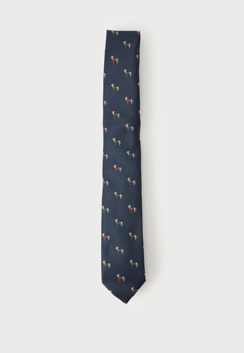Corbata azul marino con patrón repetitivo de caballos con jerséis navideños rojos y verdes y gorros de Santa.