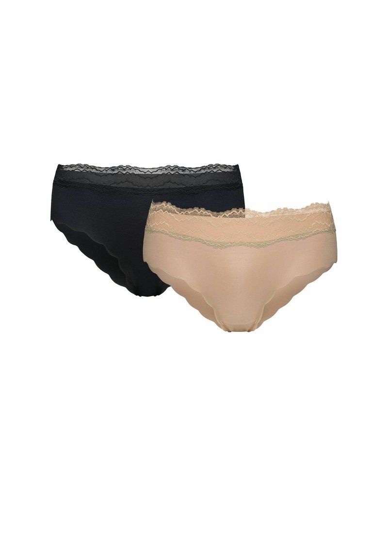 Dwa bezszwowe damskie majtki w stylu bikini, jeden czarny i jeden beżowy, oba z koronkowym wykończeniem w talii.