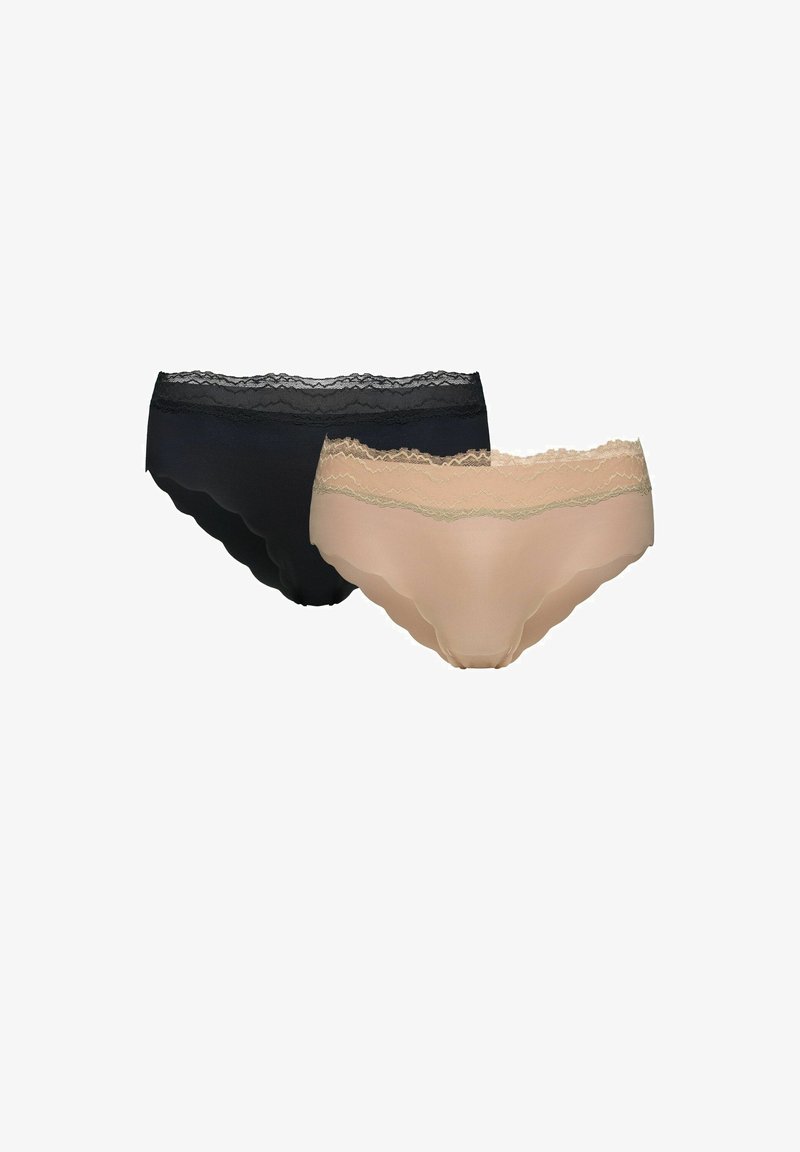 Dwa bezszwowe damskie majtki w stylu bikini, jeden czarny i jeden beżowy, oba z koronkowym wykończeniem w talii.