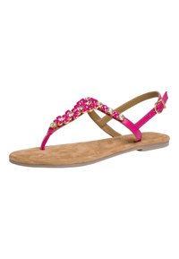 Infradito rosa con una cinghia decorata di gioielli, dotate di una soletta in finta pelle scamosciata beige e una cinghia regolabile alla caviglia, design leggero e piatto.