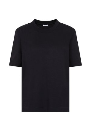 Sort T-shirt med korte ærmer og rund hals med lige kant, vist mod en hvid baggrund.