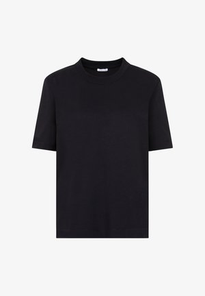 Czarny t-shirt z krótkim rękawem i okrągłym dekoltem, o prostym kroju, prezentowany na białym tle.