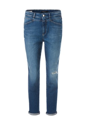 Jeans aus Denim in einem mittleren Blauton mit leichter Abriebstruktur, fünf Taschen-Design und umgeschlagenen Säumen. Mit metallischem Knopf- und Reißverschluss.
