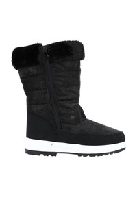 Botas de invierno negras con cierre de cremallera, con un upper acolchado, borde de piel sintética y una suela de goma blanca con agarre texturizado.