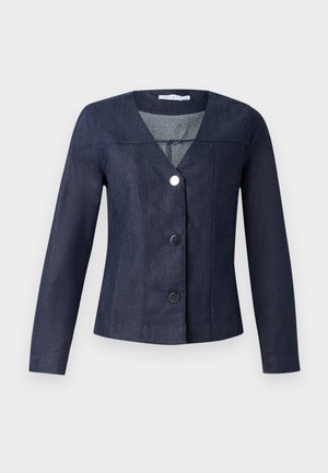 Jaqueta de ganga azul marinho com um decote em V, mangas longas, design ajustado e três botões pretos na frente. Apresenta detalhes em costura vertical.