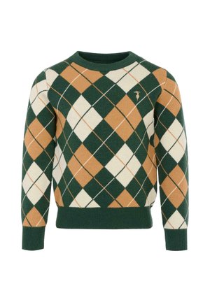 Sweter w wzór argyle w kolorze zielonym, beżowym i brązowym. Posiada okrągły dekolt oraz ściągacze na mankietach i dole. Wykonany z dzianiny. Logo na piersi.
