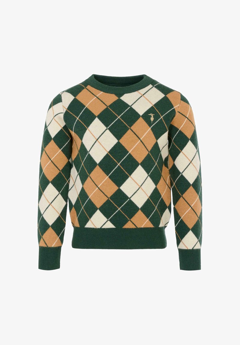 Maglione con motivo argyle in verde, beige e marrone. Presenta un collo rotondo e polsini e fondo a costine. Realizzato in tessuto a maglia. Logo sul petto.