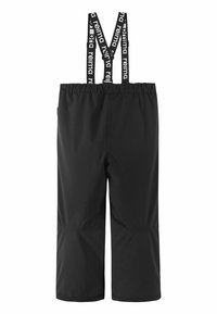 Schwarze wasserdichte Latzhose mit verstellbaren Trägern und Logo-Print. Glatte Textur, knielanger Schnitt, elastischer Bund für Komfort.