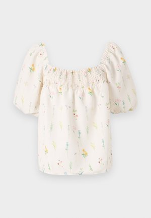 Bluse mit floralen Motiven, quadratischem Ausschnitt, Puffärmlen und gerafftem Gummizug oben. Hat einen hellen cremefarbenen Hintergrund mit mehrfarbigen Blumenprints.