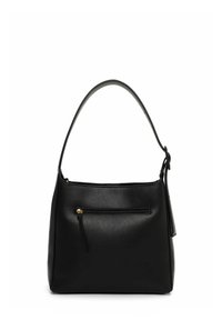 Zwarte leren schoudertas met verstelbare riem, voorvak met rits en ritssluiting in goudkleurig metaal, afgebeeld tegen een witte achtergrond.