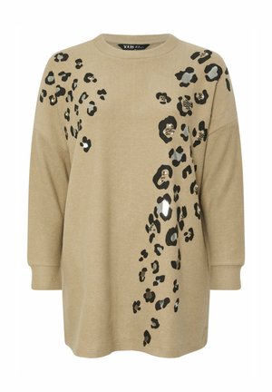Beige langærmet tunika med sorte og grå leopardpletter samt små perleudsmykninger spredt over forsiden og venstre skulder.