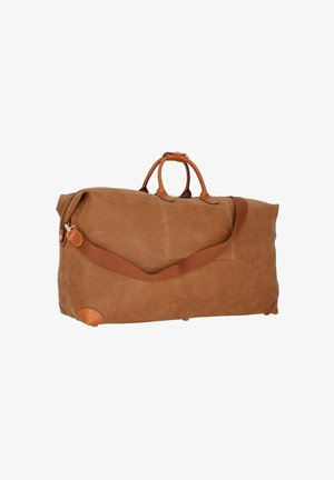 Braune Leder-Reisetasche mit doppelten Griffen, verstellbarem Schultergurt und subtiler Textur. Sie verfügt über einen Reißverschluss und verstärkte Ecken.