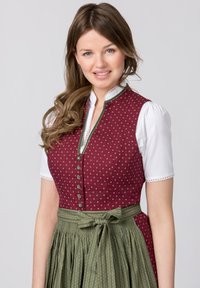 Traditional Bavarian dress features a burgundy patterned bodice, green striped skirt, and white blouse with lace accents and button detail.