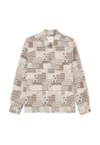 Πουκάμισο με μακριά μανίκια, με σχέδιο πατςγουόρκ σε αποχρώσεις μπεζ και καφέ. Κατασκευασμένο από ύφασμα με ποικίλα περίπλοκα σχέδια και κλείσιμο με κουμπιά.