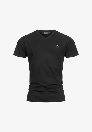 Schwarzes Baumwoll-T-Shirt mit V-Ausschnitt, kurzen Ärmeln und kleinem weißen Logo auf der Brust. Weiche Textur und taillierte Passform.