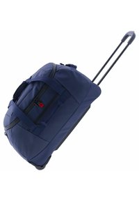 Bolsa de lona con ruedas de color azul marino, fabricada con un material duradero, que cuenta con dos asas de transporte y un mango telescópico para facilitar el transporte.