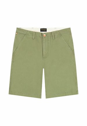 Heren olijfgroene Wrangler shorts met riemlussen, voorzakken en een knoopsluiting.