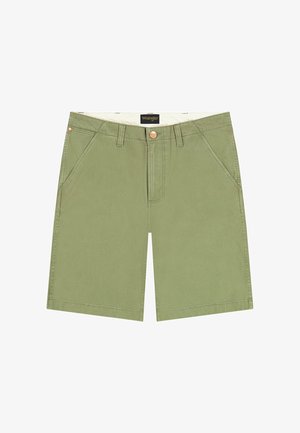 Heren olijfgroene Wrangler shorts met riemlussen, voorzakken en een knoopsluiting.