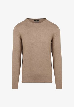 Beige crew neck sweater made of soft knit material. Features long sleeves and a ribbed hem. Smooth texture with no visible patterns or accents.