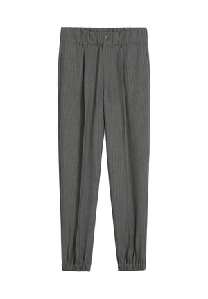 Graue gestreifte Hose mit lockerer Passform, ausgestattet mit einem elastischen Bund und gerafften Bündchen für Komfort und Stil.
